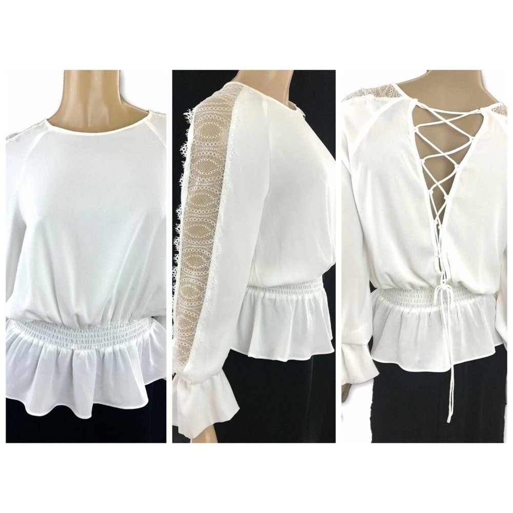 Intermix White Blouse Top PXS Joy Lace Long Sleeve Elastic Waist Cut Out